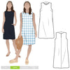 June Sheath Dress sewing pattern, featuring a sleeveless slip-on design with a very slight A-line shape and inseam pockets, suitable for crepe, linen, rayon, cotton, and brocade fabrics.