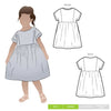 Lacey Kids Dress sewing pattern, featuring an easy slip-on design with extended shoulders, square line bodice, and slightly gathered skirt, suitable for knit or woven fabrics.