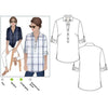 Lennie Over-Shirt sewing pattern, featuring a classic relaxed fit with a neat collar, ¾ front tab, and rolled-up sleeves secured with buttons, suitable for linen, crepe, cotton, or shirting weight fabrics.