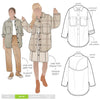 Logan Shacket sewing pattern, showcasing an oversized shirt-style jacket with dropped shoulders, large pockets, and twin needle topstitching, suitable for boiled wool, denim, corduroy, linen, or flannelette fabrics.