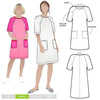 A stylish Mary shift dress pattern with raglan sleeves and patch pockets, ideal for creating a classic knee-length dress in woven fabrics.