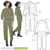 A trendy Melrose boiler suit sewing pattern with a button fly front, long sleeves, and practical pockets, suitable for durable fabrics like denim and linen.