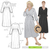 A fashionable Naomi woven dress sewing pattern with a V-neck, angled waist seam, and draw-string waist, ideal for an easy-fit, stylish garment.