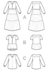 A bohemian-inspired Nicks Dress & Blouse sewing pattern with a V-neck bodice, gathered details, and multiple sleeve variations.