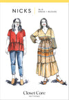 A bohemian-inspired Nicks Dress & Blouse sewing pattern with a V-neck bodice, gathered details, and multiple sleeve variations.