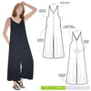 A comfortable Norman V-neck jumpsuit sewing pattern with deep armholes and wide legs, perfect for creating a chic and easy-to-wear garment.