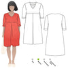 Charming loose-fitting V-neck dress pattern with front inverted pleats, under-bust tuck, and roll-up sleeves, perfect for crafting with linen, crepe, or rayon