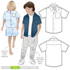 Kids’ Rhys Overshirt sewing pattern with button front, collar, short sleeves, and breast pocket, perfect for cotton or linen fabrics