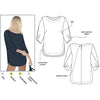 Stylish Sadie Tunic sewing pattern showcasing an engineered twist sleeve and a fashionable shirt tail hemline, suitable for crepe, linen, or silk